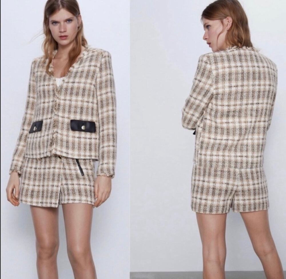 Zara Tweed Plaid Blazer + Skort Set NWOT Size S Beige Black Pockets - Picture 1 of 10